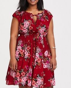 RED FLORAL CHALLIS MINI DRESS